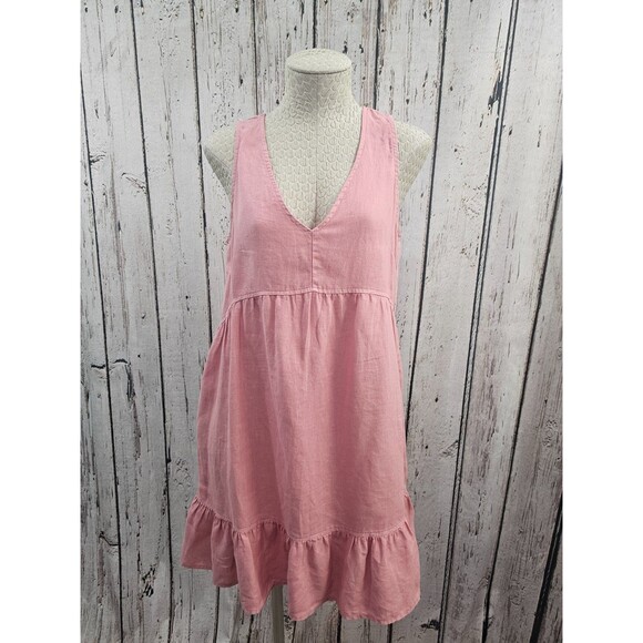 ALK Women's S Cynthia Rowley Pink 100% V-Neck Ruffle Hem Linen Shift Dress EUC - Picture 1 of 7